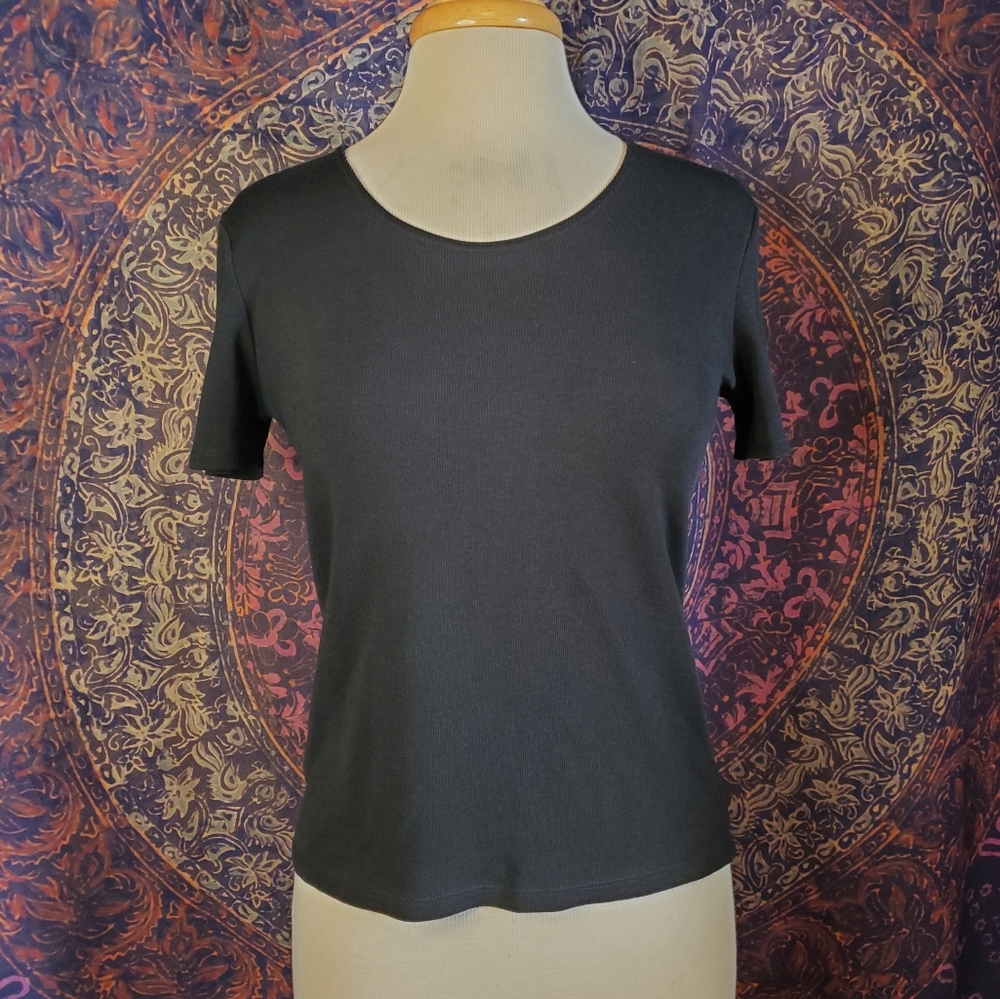 St. Michael Marks & Spencer Black Cotton Blend Ribbed Short Sleeve Womens UK 12